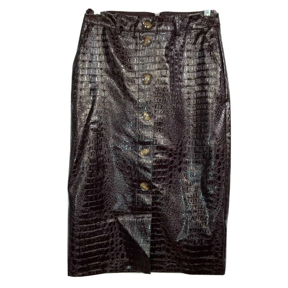 Rachel Comey Skirt Womens Sz 0‎ Brown Faux Leather Pencil Crocodile Buttons